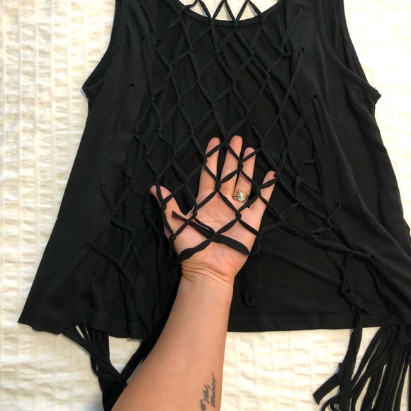 White Crow Black Fringe Crochet-Back Tank - Picture 3 of 3